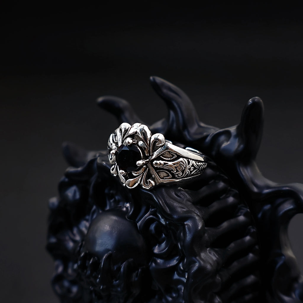Sword & Rose Black Zircon Open Ring — Silver