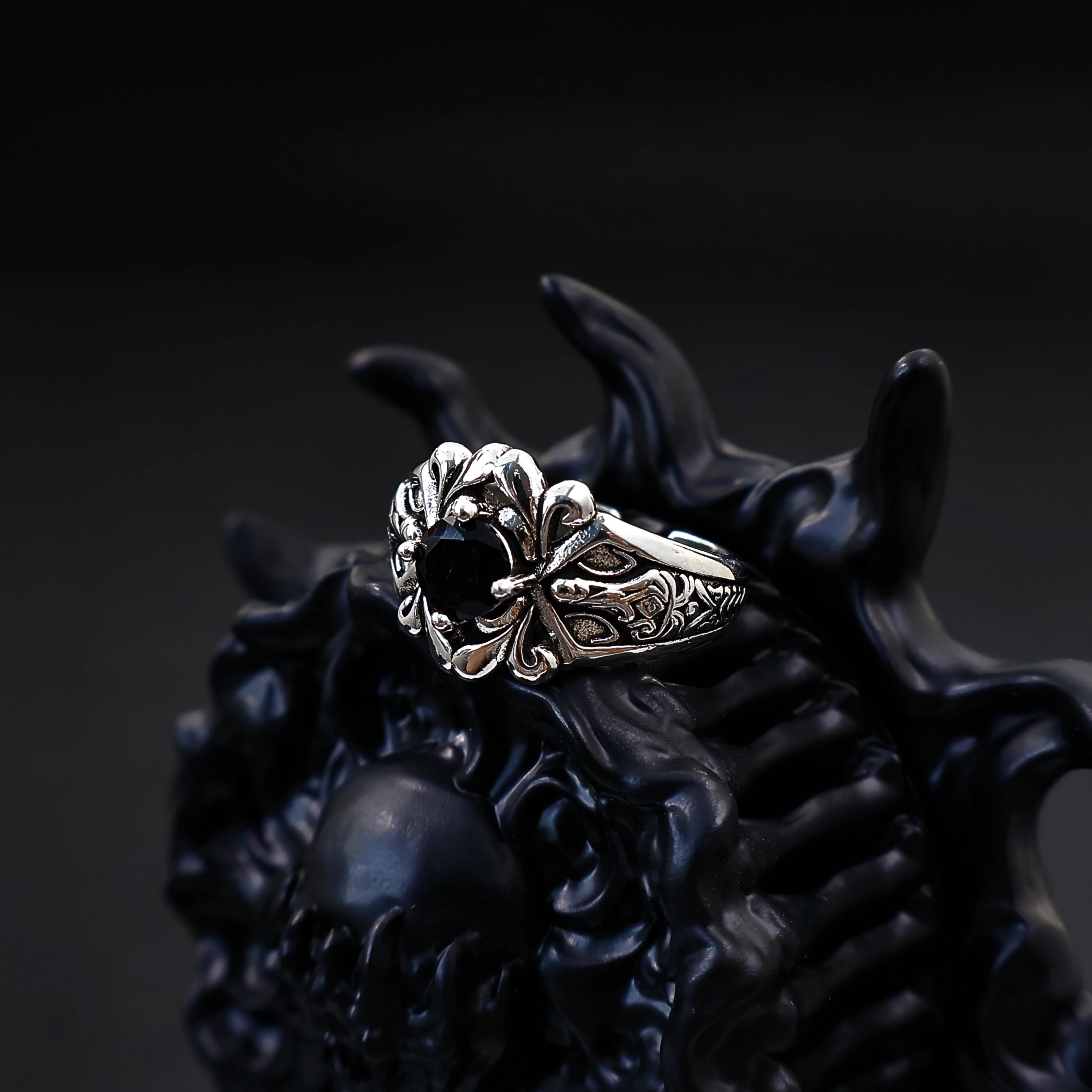 Sword & Rose Black Zircon Open Ring — Silver