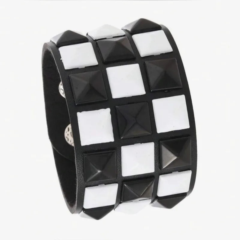 Punk Personality Simplicity Geometry Retro Black and white Square rivets Leather Stainless steel Hand bracelet Wristband