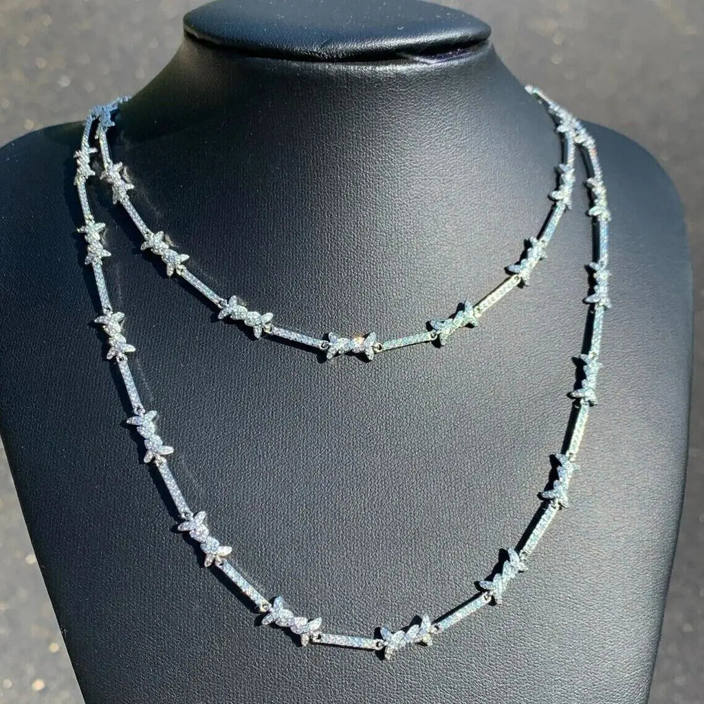 THE BLING KING 3mm Thin Iced Barbed Wire Necklace Micro Paved Cubic Zirconia Punk Twist Spiked Thorns Charm Link Chain Choker