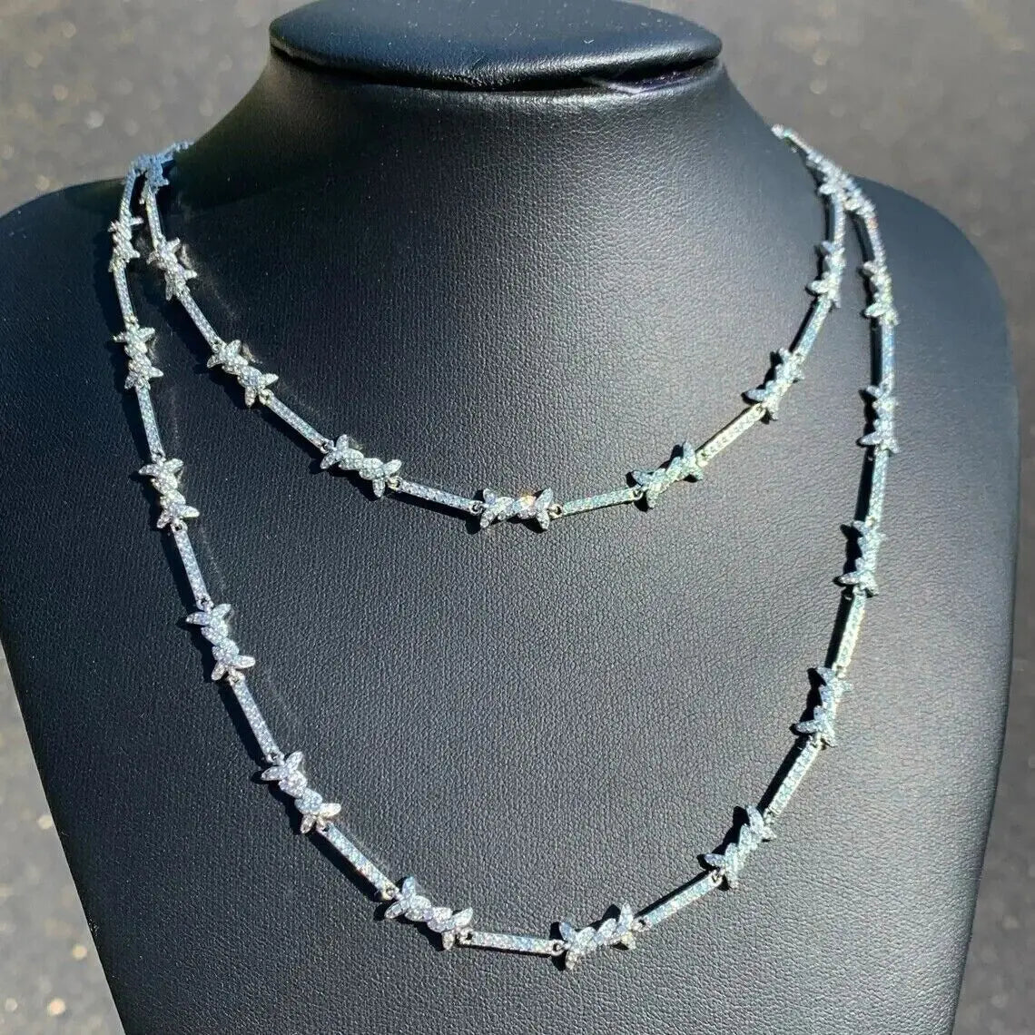 THE BLING KING 3mm Thin Iced Barbed Wire Necklace Micro Paved Cubic Zirconia Punk Twist Spiked Thorns Charm Link Chain Choker