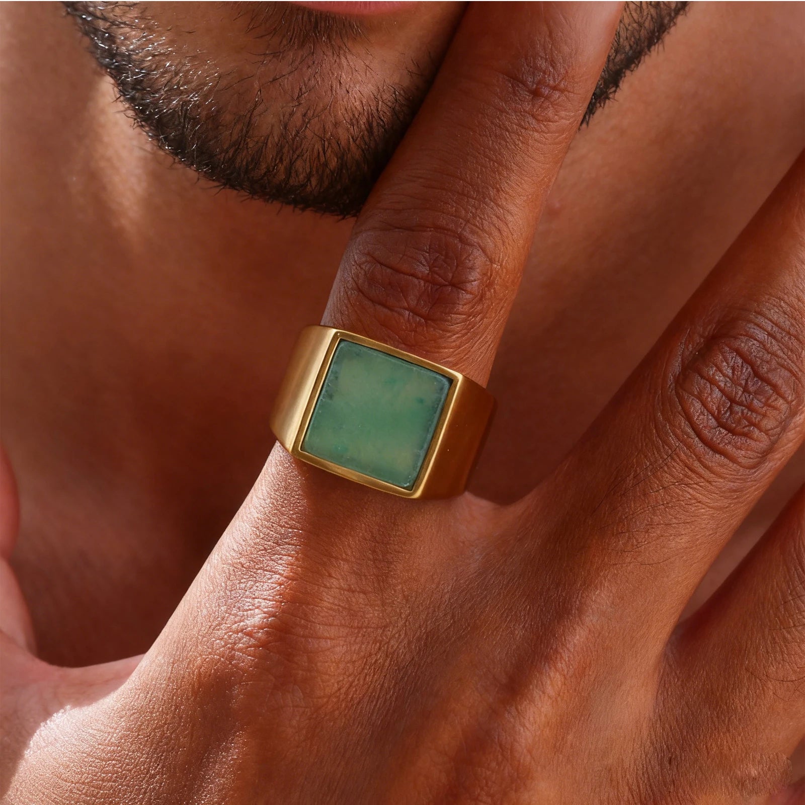 Gold Green Stone Signet Ring — Stainless Steel