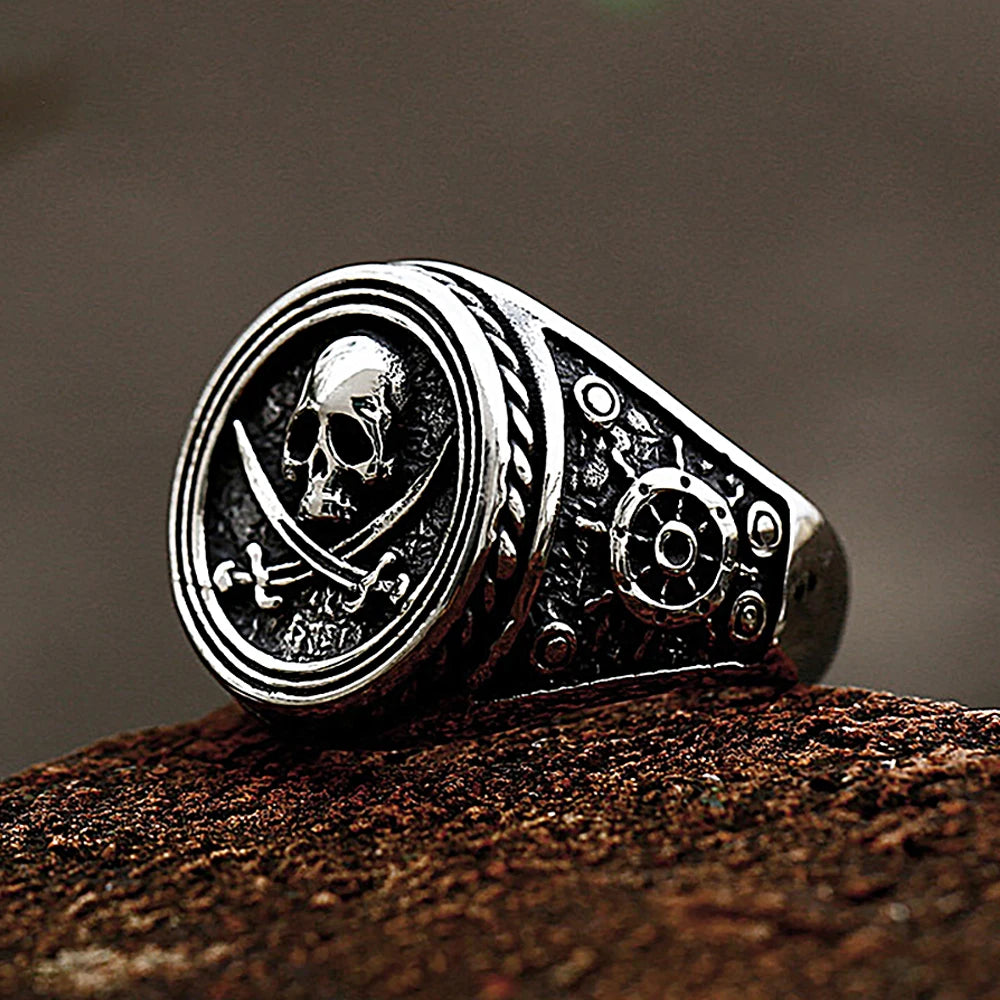 Skull Dagger Steel Ring Vintage Unique Double