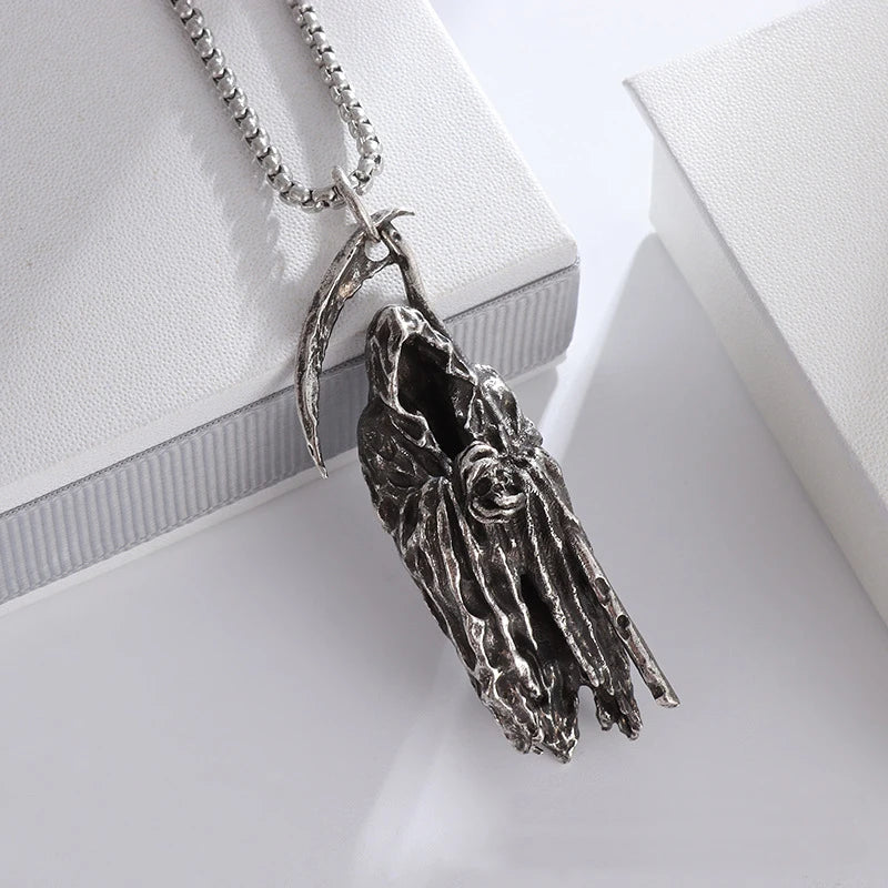 Retro Cloaked Grim Reaper with Sickle Pendant Necklace For Men Hip Hop Punk Silver Color Stainless Steel Neck Chain