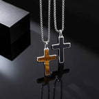 Classic Stainless Steel Cross Pendant Necklace, Turquoise Black Agate Tiger Eye Natural Stone Vintage Fashion Jewelry for Men
