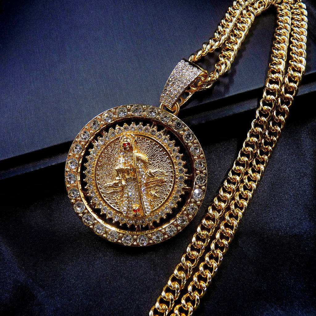 1 piece men's fashionable hip hop Santa Muerte set with sparkling rhinestones rotatable pendant decorative necklace