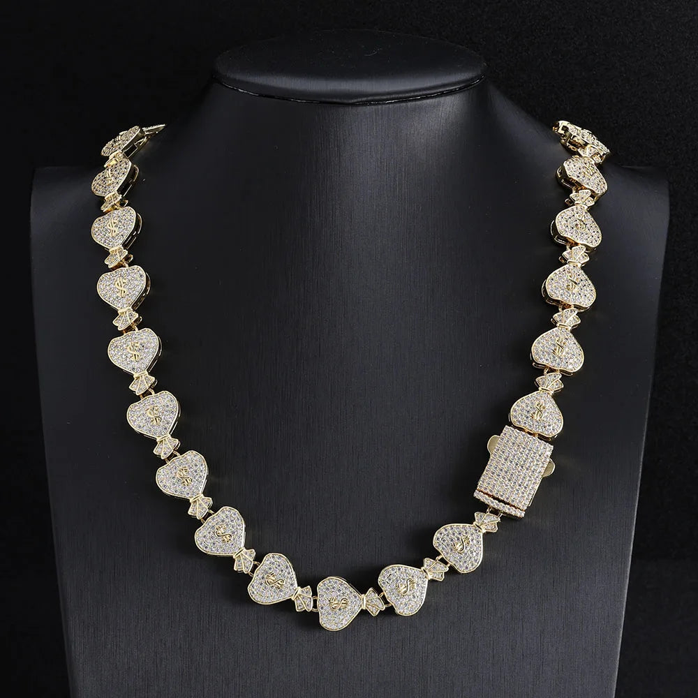 Iced Out Cuban Chain Necklace Money Bag CZ