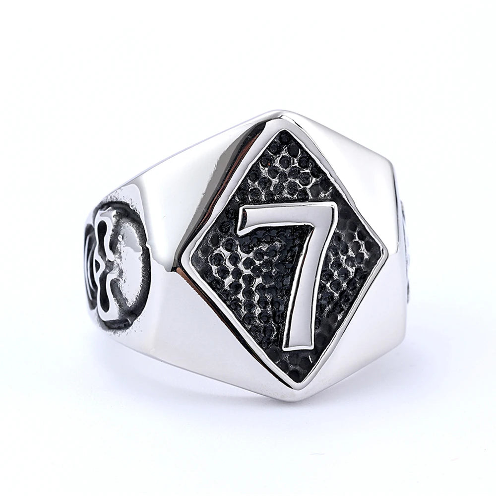 Lucky 13 & 7 Skull Biker Ring for Men — Stainless Steel