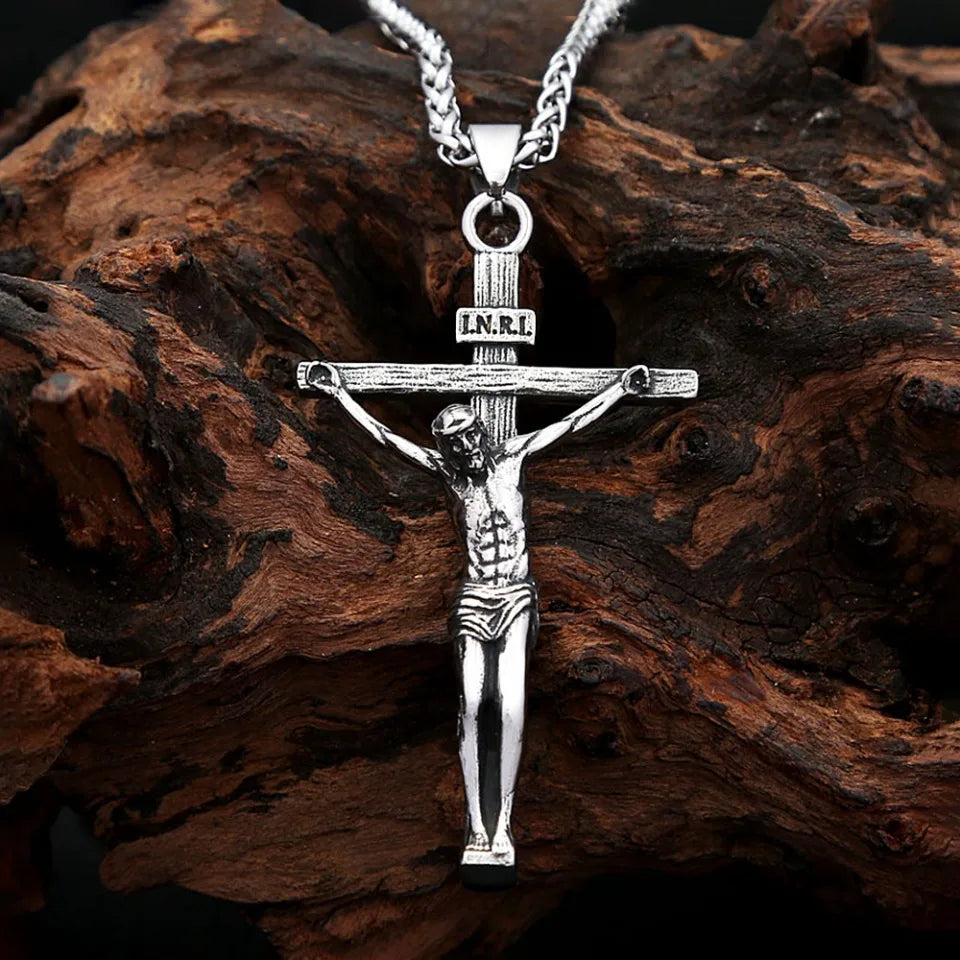 Punk Jesus Christ Cross Pendant Necklace For Men 316L Stainless Steel Fashion Religious Prayer Amulet Jewelry Gifts