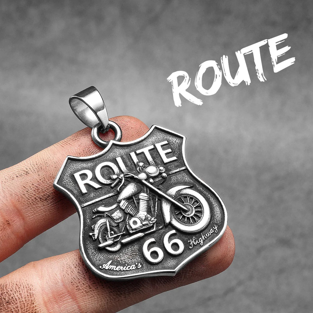 Route 66 Biker Pendant — Stainless Steel