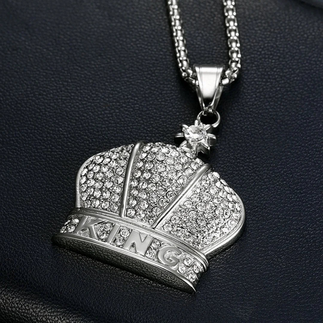 Iced Out King Crown Pendant Tennis Necklace — Stainless Steel
