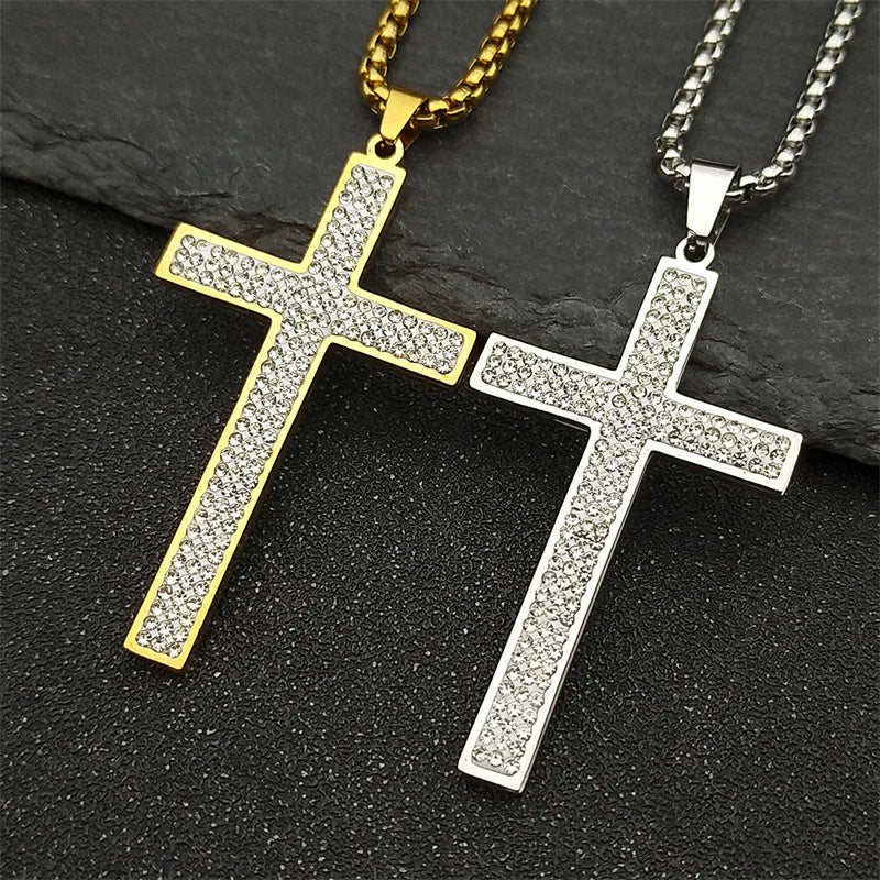 Trendy Cross Rhinestone Pendant Necklace For Women Men Stainless Steel Silver Color Religion Catholic Chain Jewelry