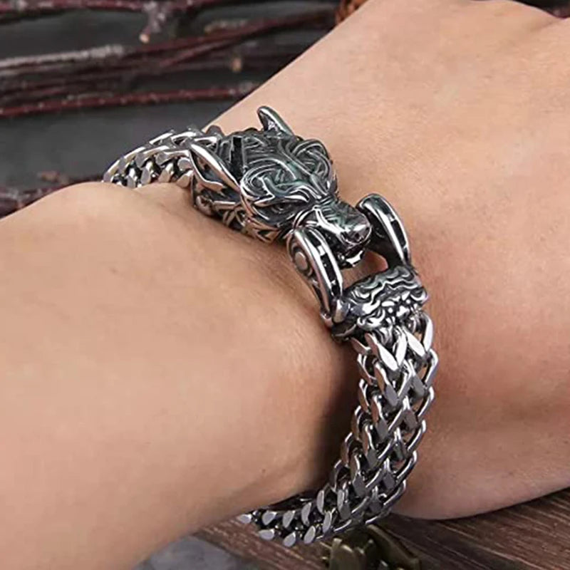 Norse Viking Wolf Bracelet for Men Stainless Steel 12MM Mesh Link Chain Open Wolf Mouth Men's Bracelets Nordic Jewelry
