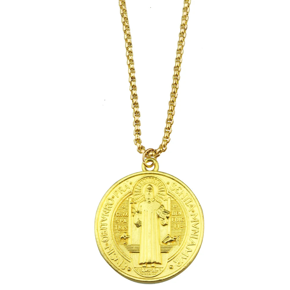 Saint Medal & Jesus Cross Pendant Necklace — Stainless Steel
