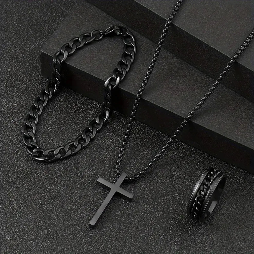 Black Cross Cuban Chain Necklace Ring Bracelet Set