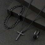 Black Cross Cuban Chain Necklace Ring Bracelet Set