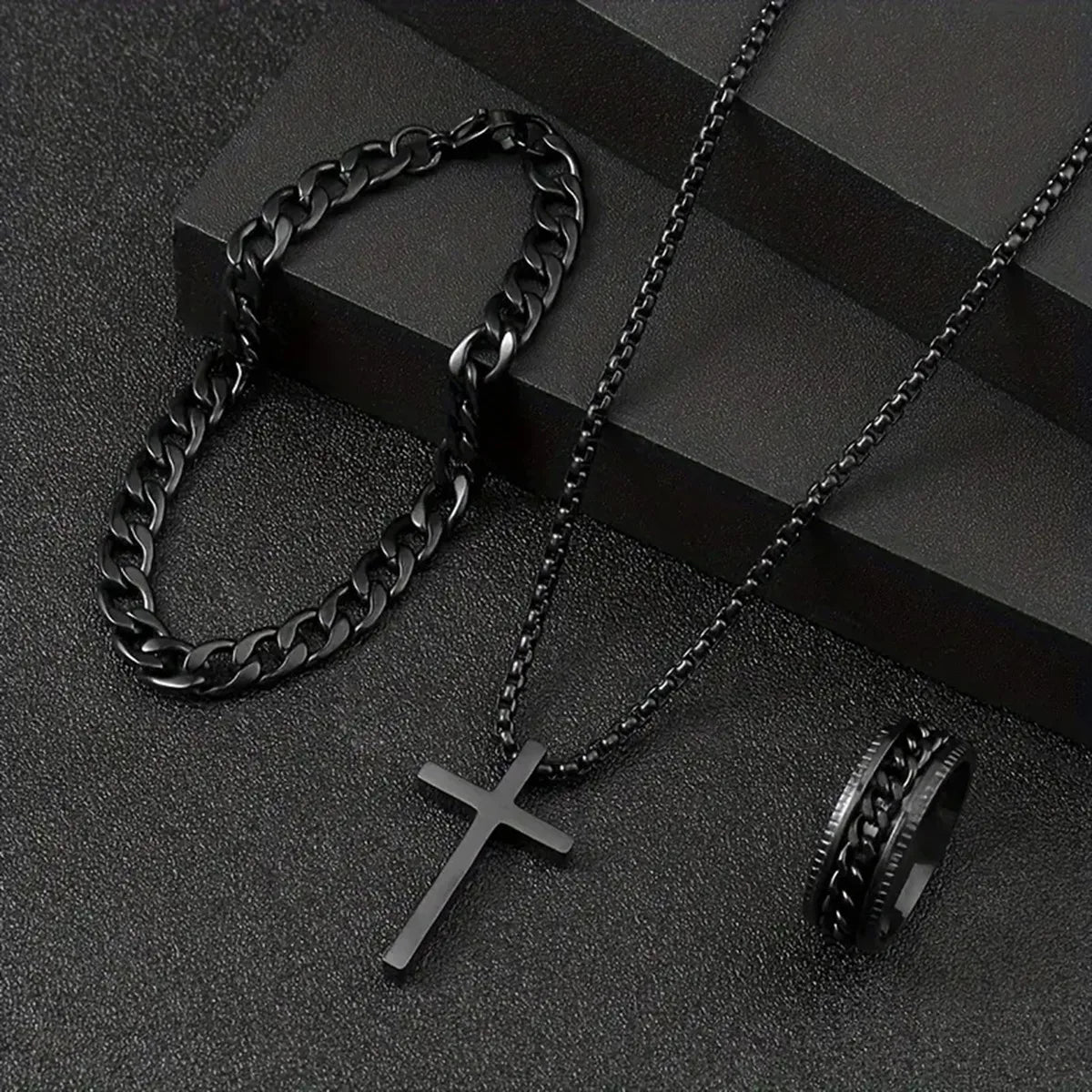 Black Cross Cuban Chain Necklace Ring Bracelet Set