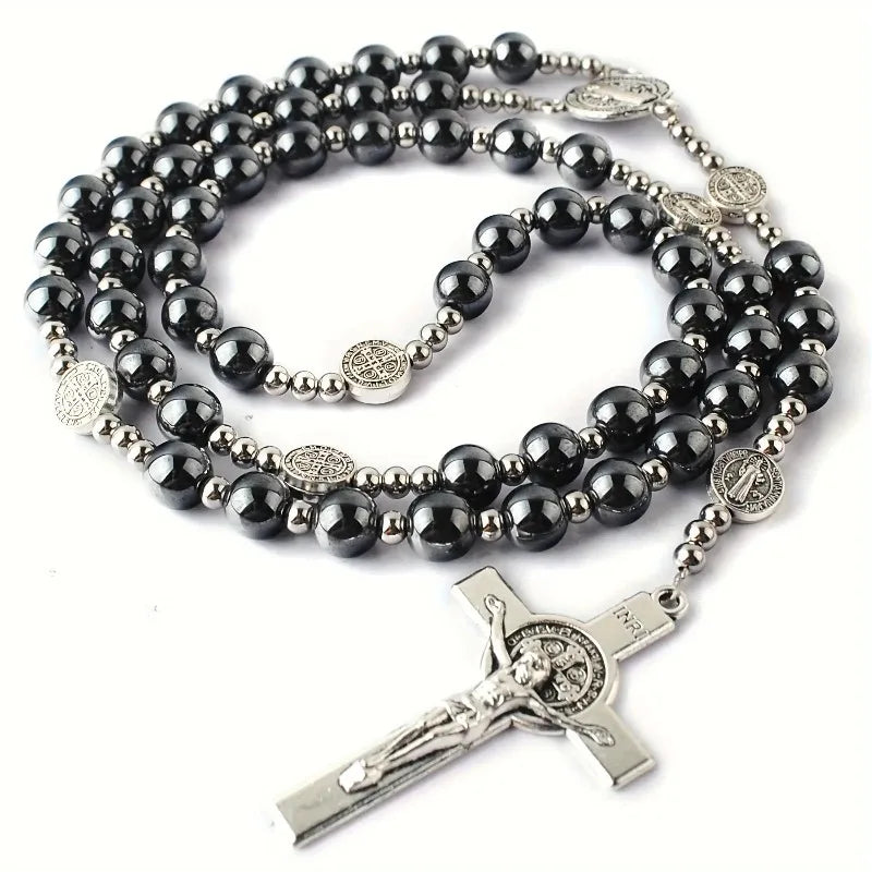Black Bead Cross Pendant Necklace for Men and Women, Daily Wear