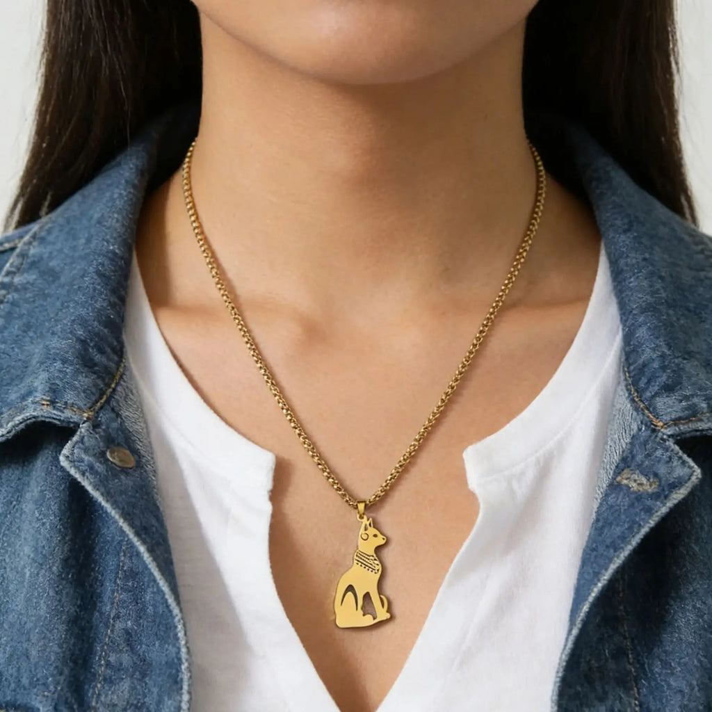 Egyptian Goddess Cat Bastet Pendant Necklace For Women Men Stainless Steel Ancient Egypt Animal Choker Box Chain