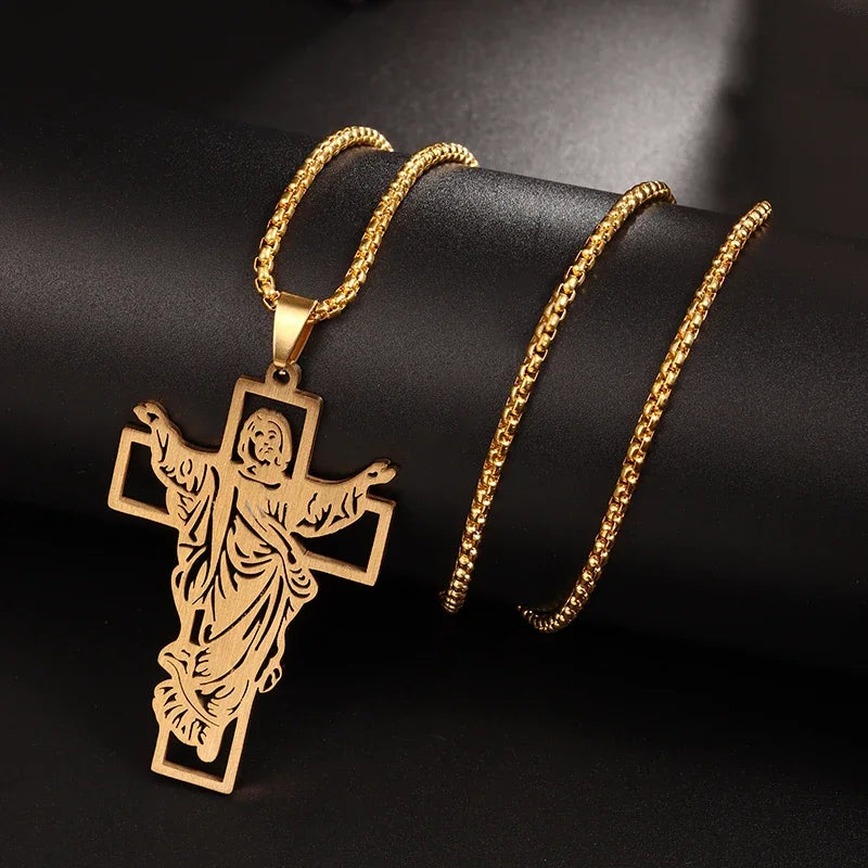 Vintage Christian Ice Crystal Jesus Head Pendant Necklace for Men and Women Cross Catholic Amulet Jewelry