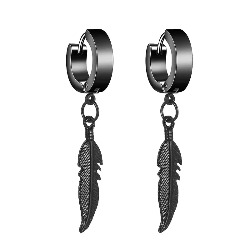 Feather Dangle Huggie Hoop Earrings for Men — Stainless Steel