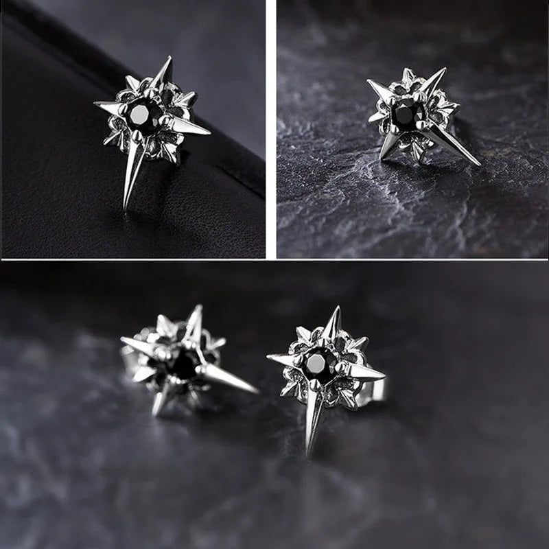 Black CZ Star Stud Earrings with Clear Crystal — Black-Tone