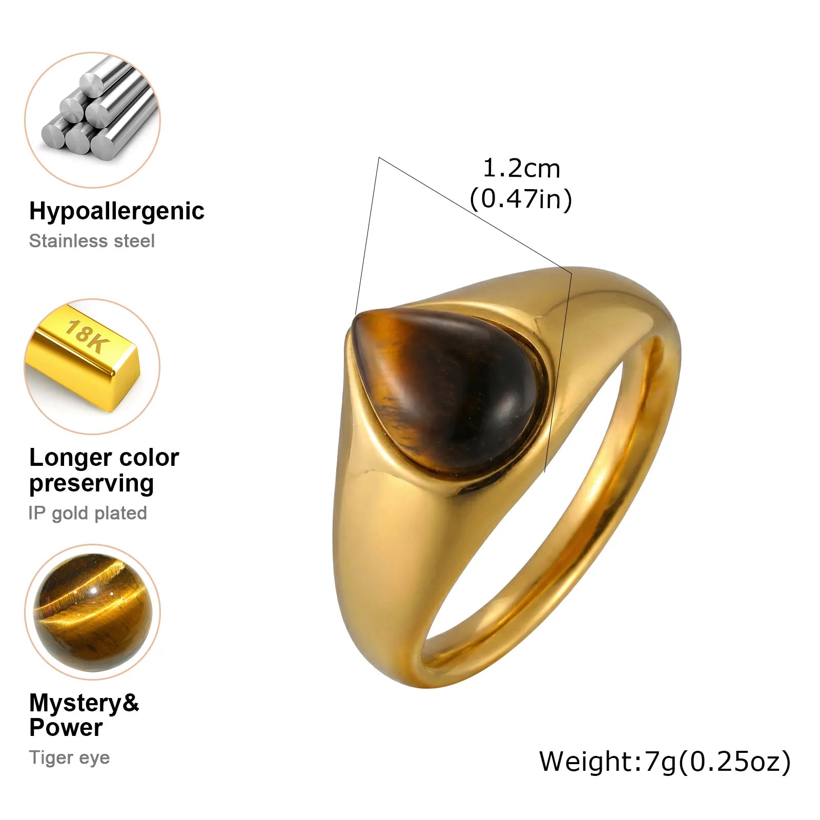 Gold Color Pinky Ring for Men Women,Stainless Steel Tiger Eye Stone Signet Ring,Dainty Chic Party Jewelry Gift