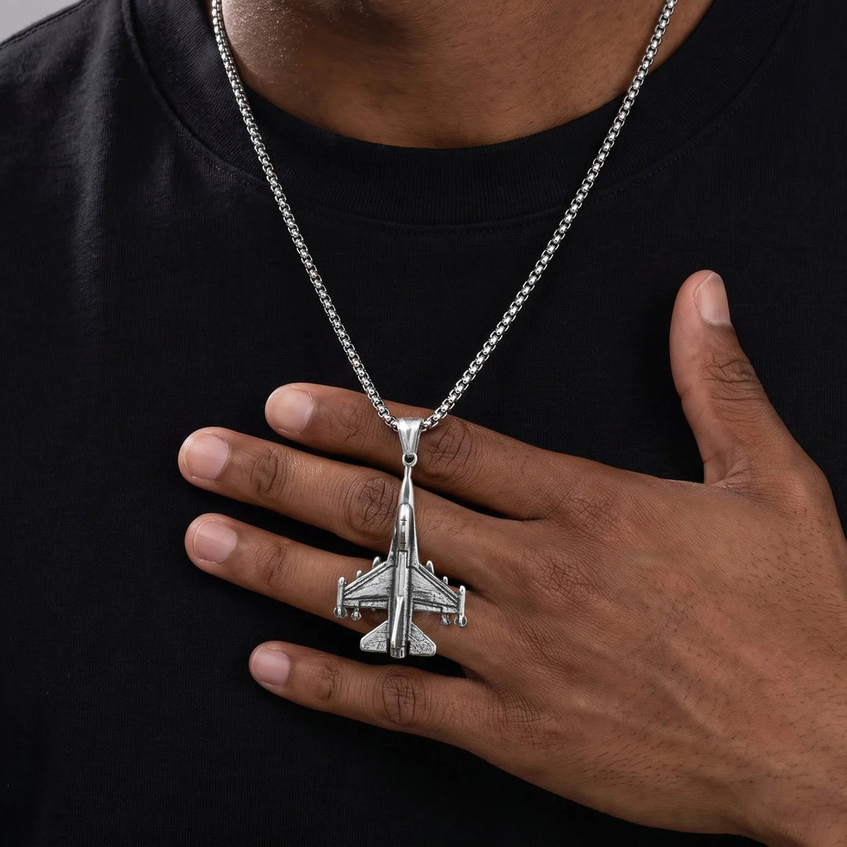 Men Stainless Steel Fighter Jet Pendant Necklace Silver Color Airplane Chain Punk Hip Hop Aviation Enthusiast Jewelry Gift