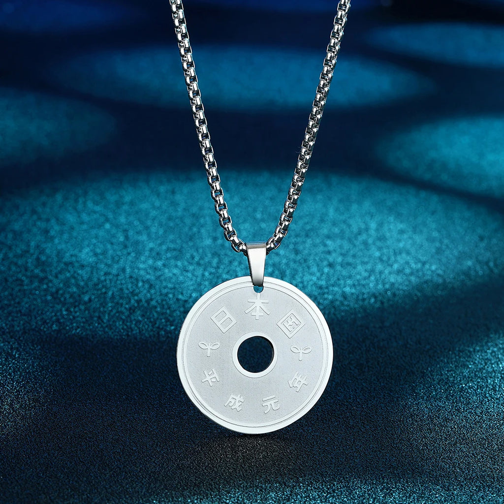 CHENGXUN Lucky Japanese Coin Necklace Mens Womens 5 Yen Coin Pendant Necklace Vintage Stainless Steel Good Luck Jewelry Gift