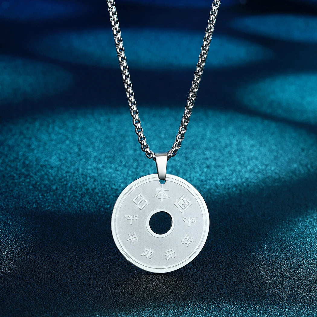 CHENGXUN Lucky Japanese Coin Necklace Mens Womens 5 Yen Coin Pendant Necklace Vintage Stainless Steel Good Luck Jewelry Gift