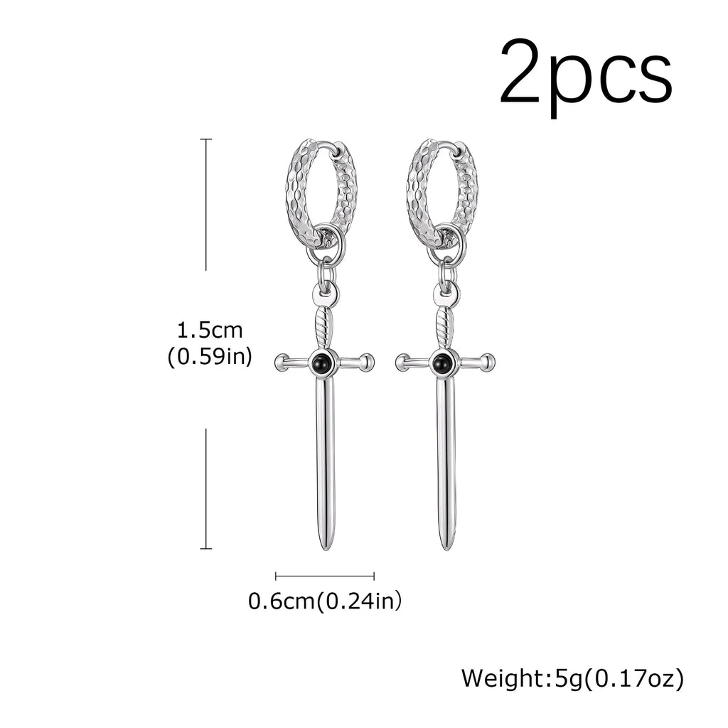 Vnox Stainless Steel Black Onyx Sword Huggie Hoop Earrings Punk Rock Dangle Earring for Men Women Couples Trendy Gothic