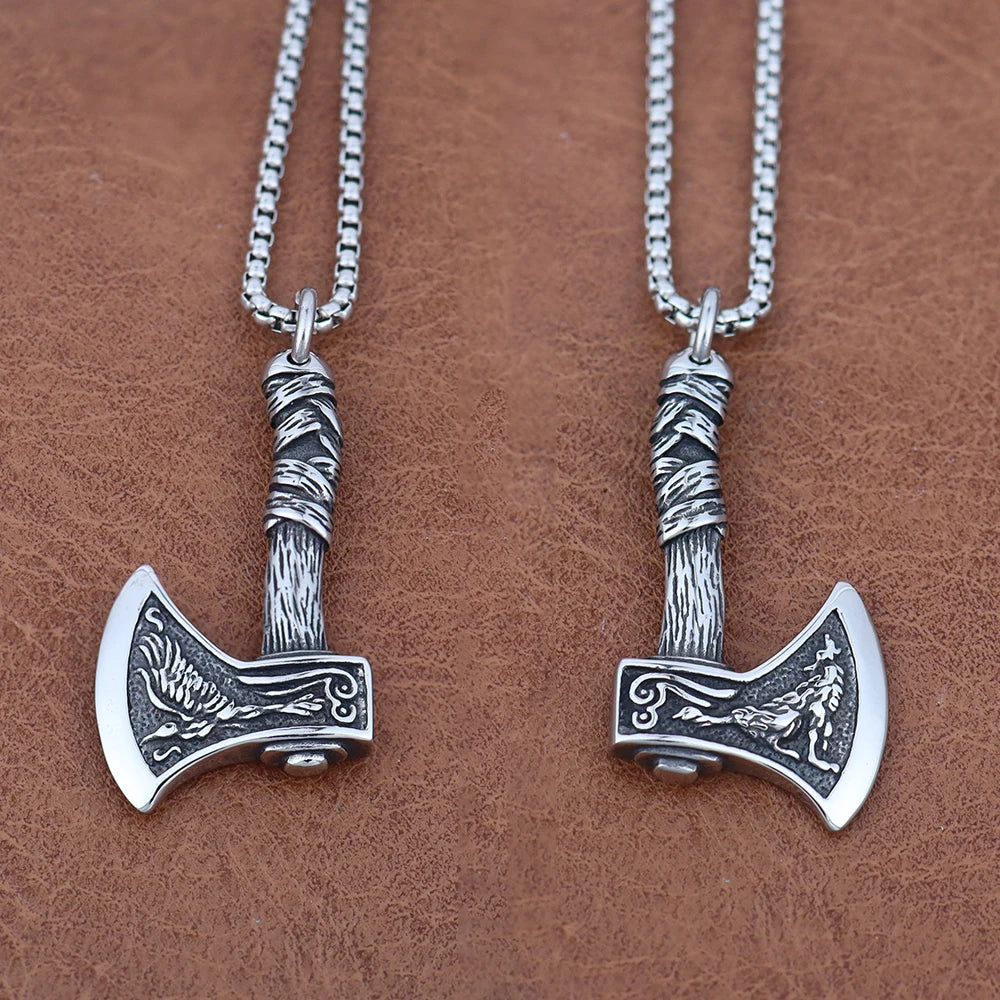 Stainless Steel Viking Double Axe Necklace Men's Vintage Nordic Wolf Axe Pendant Chain Scandinavian Party Jewelry Accessories