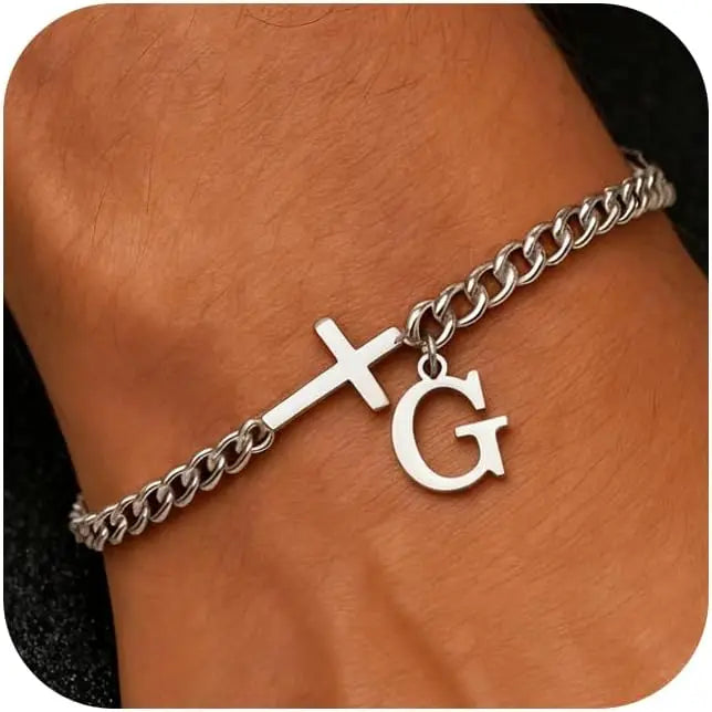 Men Cross Cuban Chain Bracelets for Men Initial A-Z Faith Cross Bracelets, Stainless Steel Initial Bracelet Religious
