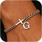 Men Cross Cuban Chain Bracelets for Men Initial A-Z Faith Cross Bracelets, Stainless Steel Initial Bracelet Religious