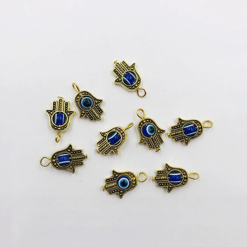 10Pcs Antique Silver Color Hamsa Fatima Hand Charm Evil Blue Eye Bead fit Pendant Necklace Bracelet Jewelry Accessories DIY