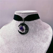 Gothic Temperament Black Human Face Moon Amethyst Round Bead Pendant Velvet Necklace for Women Men Halloween Party Jewelry Gifts