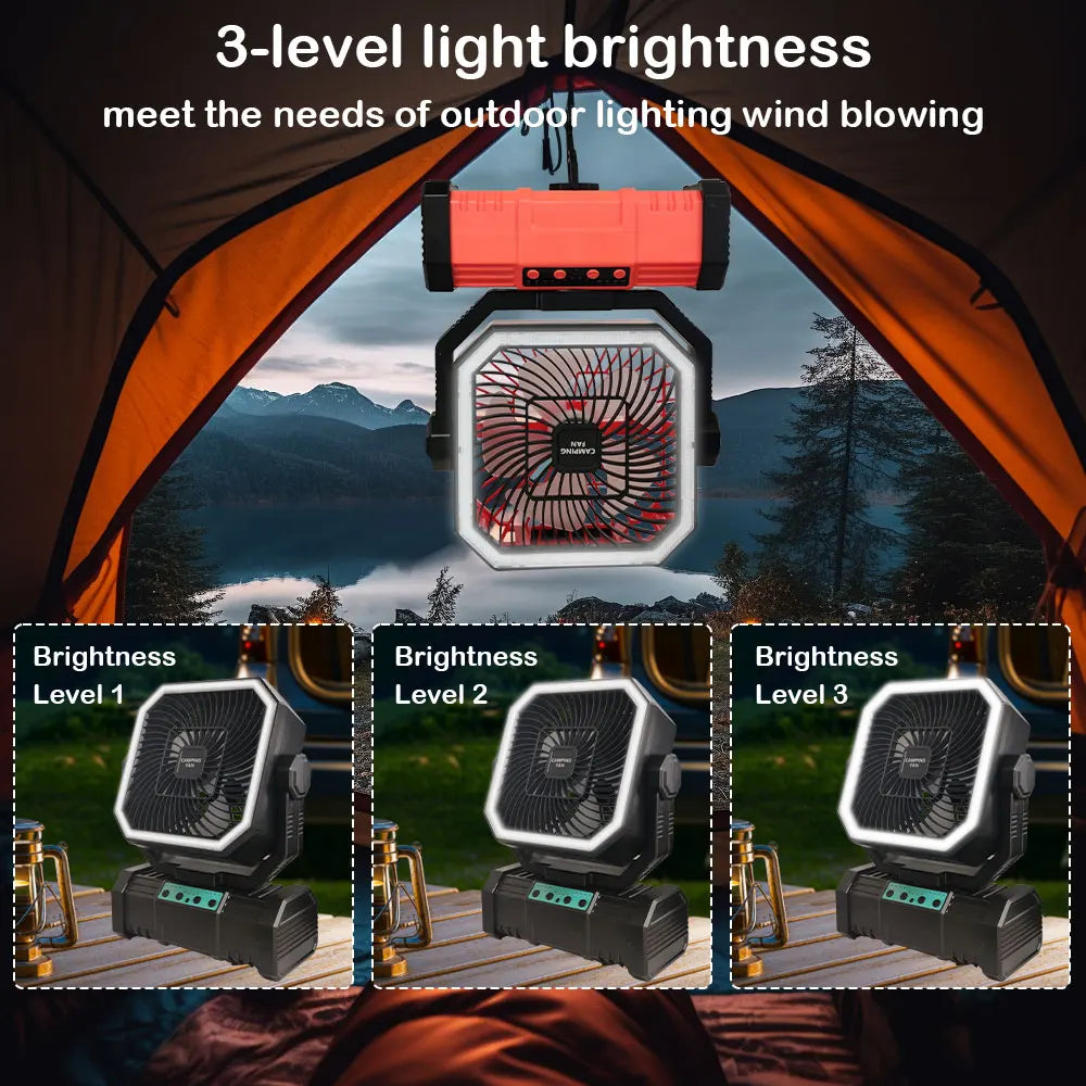 20000 mAh wireless battery-powered camping fan with LED light and remote control, 4 speeds, timer function, USB