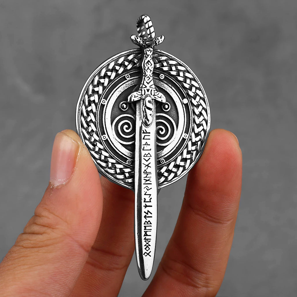 Viking Sword Shield Pendant Necklace — Steel