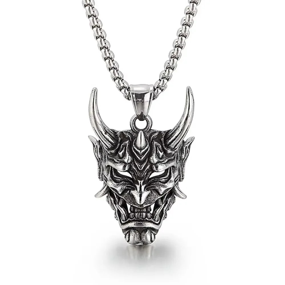 Retro Punk Demon Mask Samurai Ghost Pendant Necklace, Unisex Long Chain, Hip-Hop Rock Party Necklace Gift Accessory