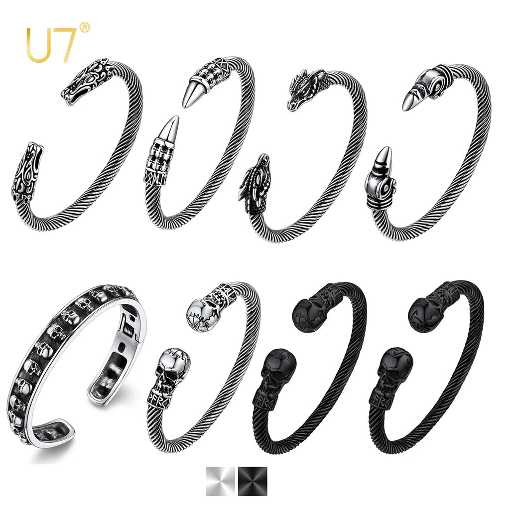 U7 Stainless Steel 6mm Wide Twristed Cable Open Bangle Cuff for Man Skull Dragon Long Charm End Rock Gothic Punk Jewelry Gift