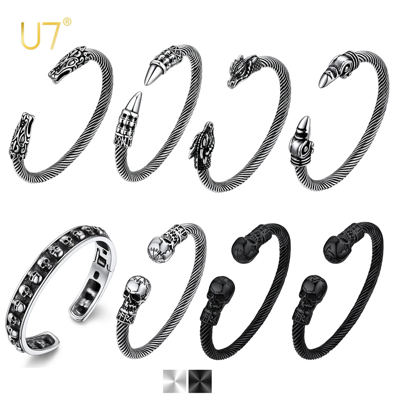 U7 Stainless Steel 6mm Wide Twristed Cable Open Bangle Cuff for Man Skull Dragon Long Charm End Rock Gothic Punk Jewelry Gift
