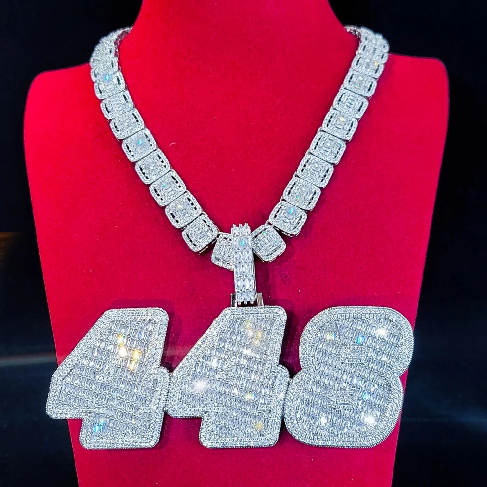 Custom Ice Number Word Pendant Chain Icy Baguettecz Letter Necklace Solid Back Laser Engraving Personalized His Birthday Gifts