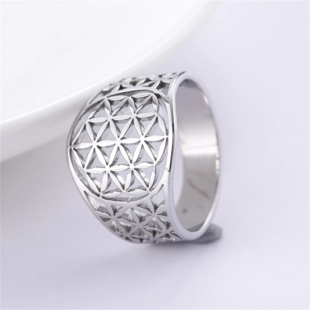 Flower of Life Hollow Geometric Filigree Ring — Stainless Steel