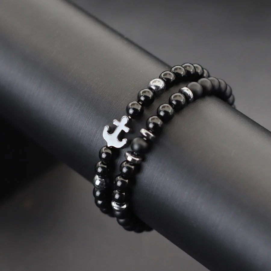 Cool 2Pcs/Set Anchor Stone Bracelet Man Howlite Obsidian Tiger Eyes Grade A Beaded Strand Braslet Fashion Boyfriend