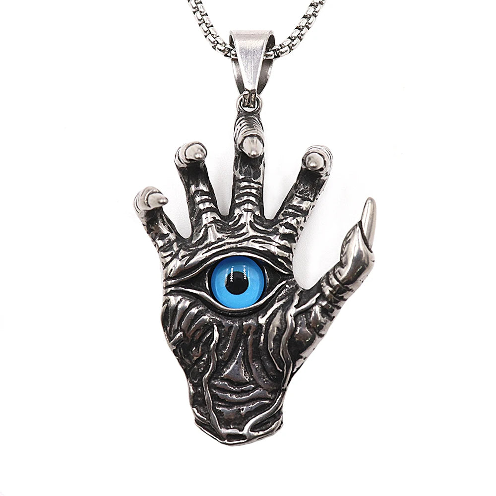 Vintage Skull Hand Demon Eye Necklace Pendant Men's Punk Biker Stainless Steel Hell's Eye Pendant Fashion Men Chain