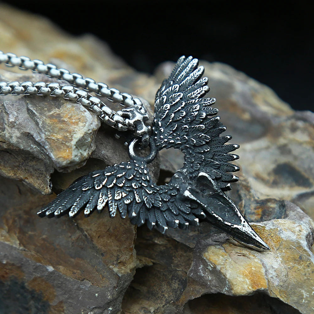 Vintage Punk Raven Skull Pendant Black Stainless Steel Wing Necklace Men Biker Unique Animal Amulet Jewelry Gifts