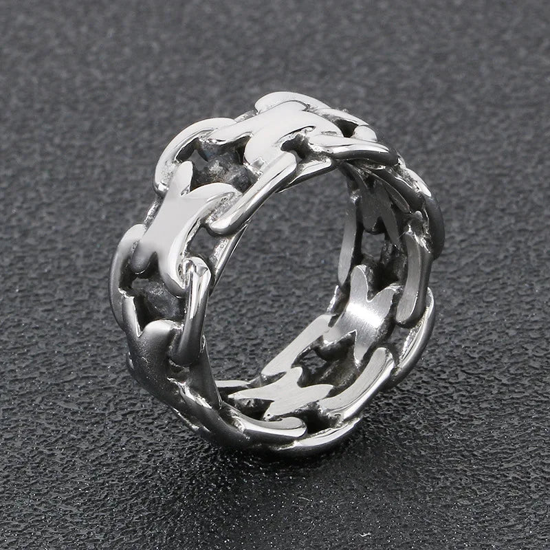 New Fashion Stainless Steel Gloosy X-shaped Hollow Ring for Men