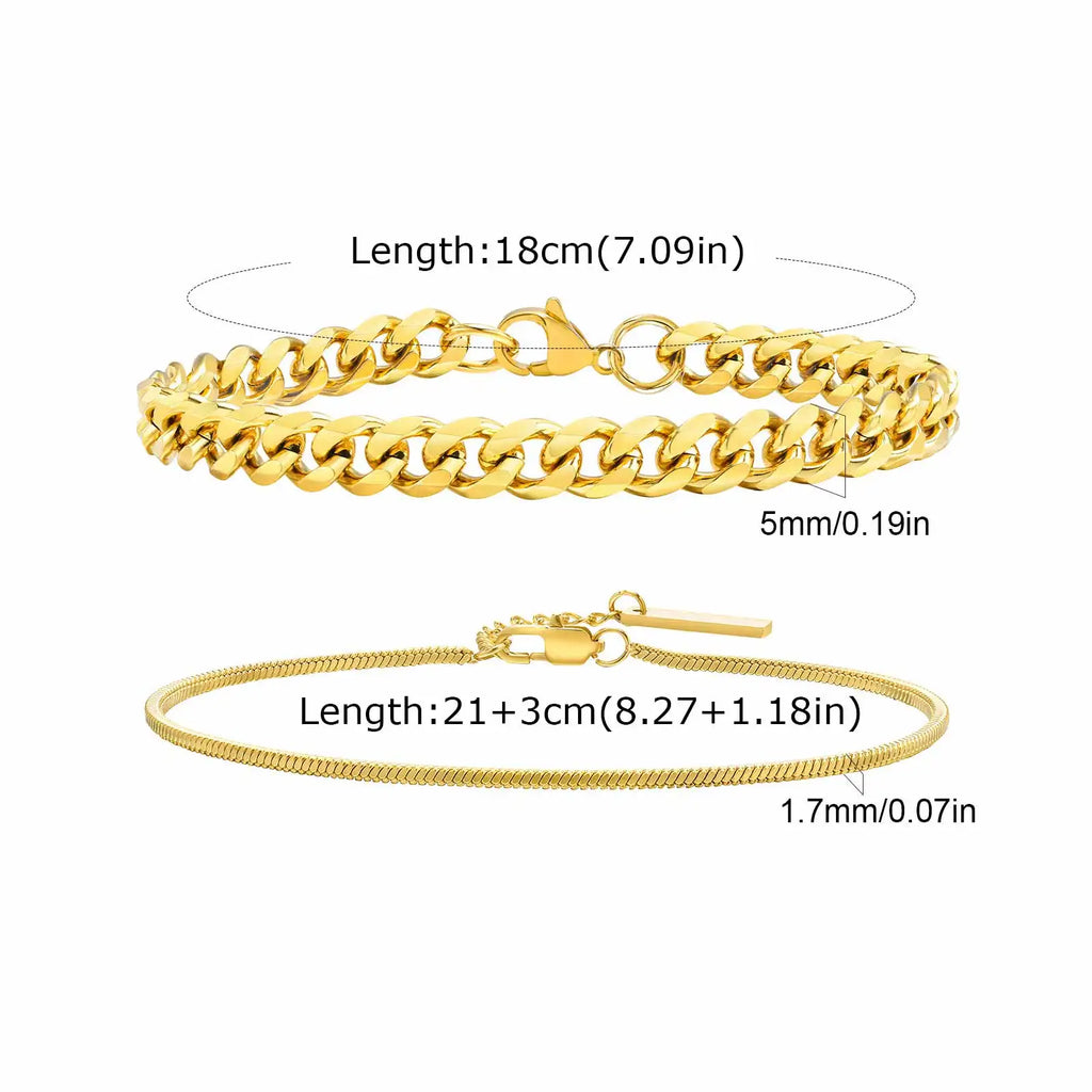 Vnox 2pcs/Set Cuban Figaro Rope Snake Chain Bracelet Set for Men Boys, Gold Black Silver Color Stainless Steel Wristband Jewelry
