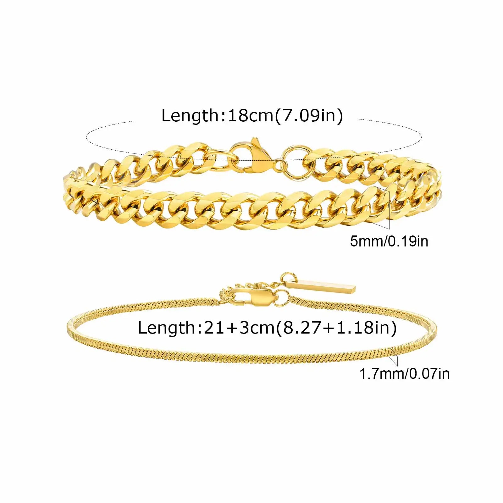 Vnox 2pcs/Set Cuban Figaro Rope Snake Chain Bracelet Set for Men Boys, Gold Black Silver Color Stainless Steel Wristband Jewelry