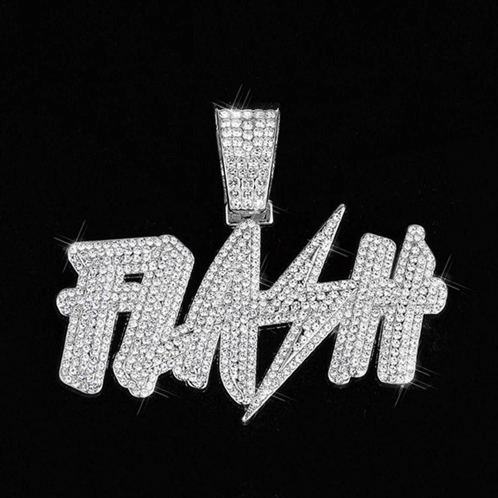 New Hip Hop Flash Lightning Large Letter Pendant Necklace With 13mm Cuban Chain Letters Necklaces For Men's Women Rapper Jewelry